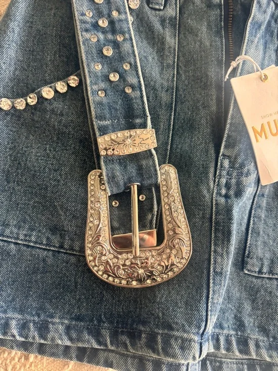 Show Me Your Mumu Blue Denim Mini Skirt with Studded Belt - Picture 7 of 10